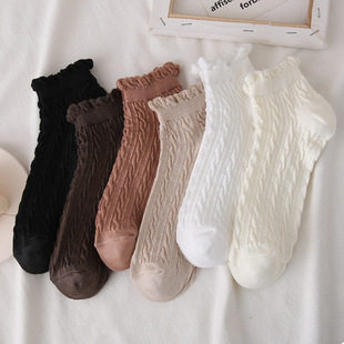 Socks women's spring and summer wooden ear ankle socks women's Japanese twist short women's solid color cotton socks in stock lace women's socks