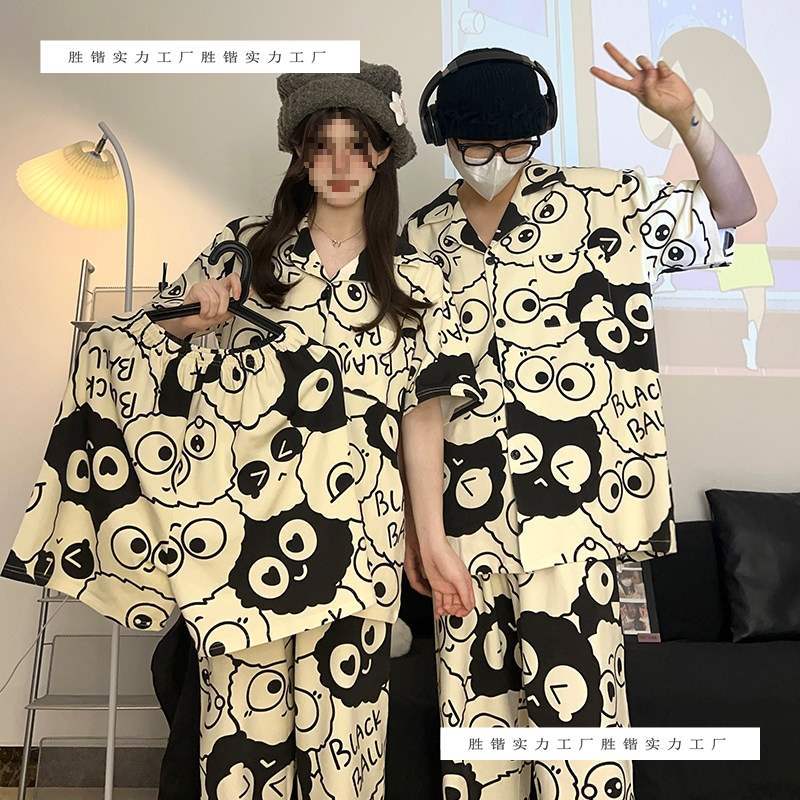 日系韩版情侣睡衣女夏季新款短袖短裤三件套大码男士家居服春春款