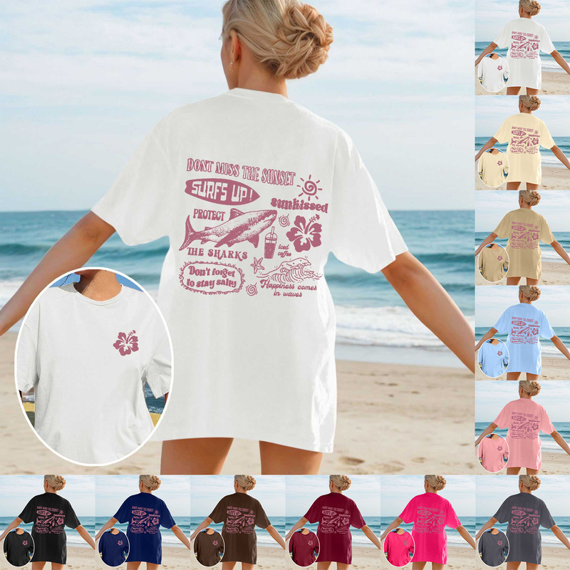 Girl's New Shark Print Spring and Summer Fashionable Casual Short-sleeved Top Loose All-match Simple Round Neck T-shirt