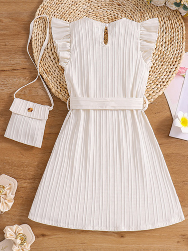 AliExpress Cross-border Supplier Summer New Sweet Girls' Dress Solid Color Bow Belt + Bag