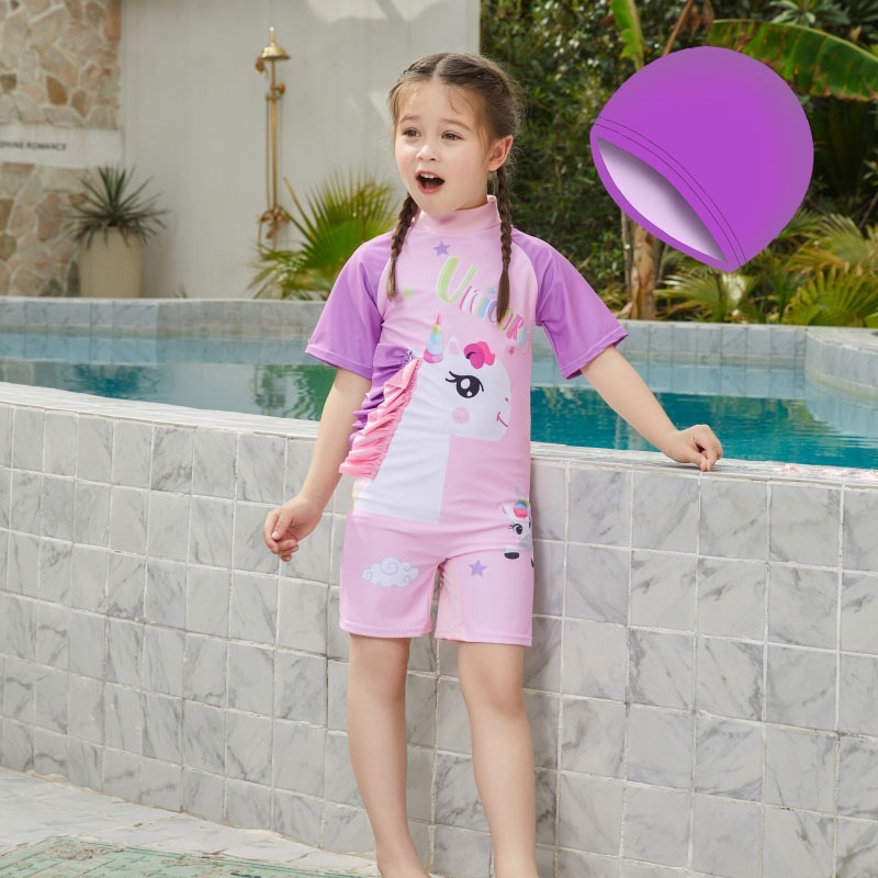 Comercio exterior del sudeste asiático traje de baño para niños niñas de dibujos animados de una pieza de manga corta protector solar para niñas ropa de viaje de secado rápido para niñas