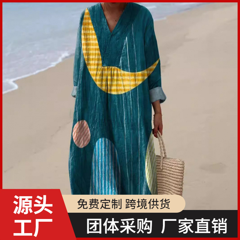 Cross-Border Independent Station Amazon Long-Sleeved Shirt Dress Women's Casual Floral 3D Printed Sleeve Long Skirt