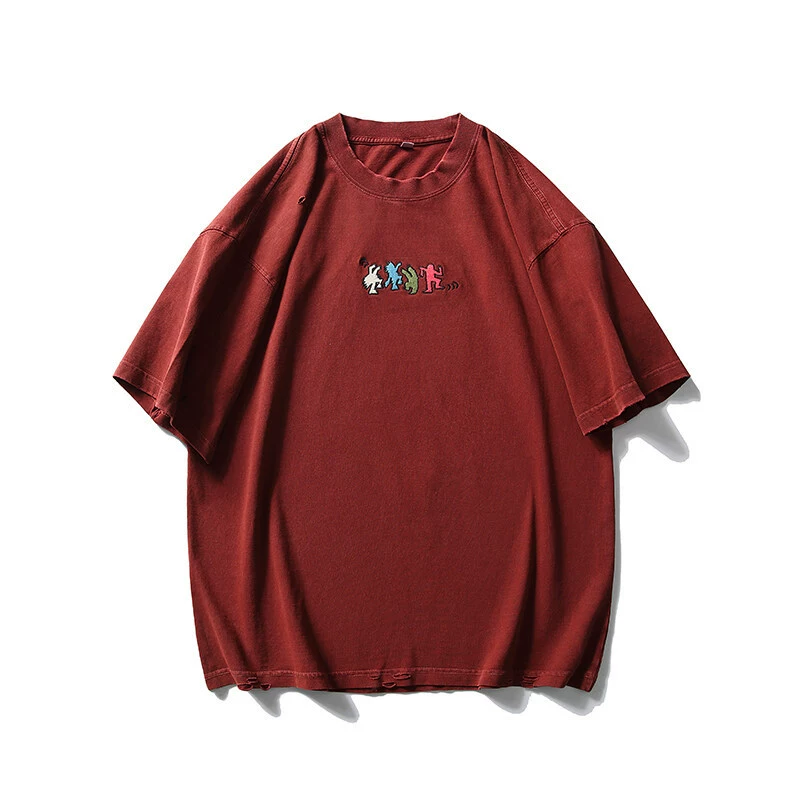 Платье Road Vintage 2025 Summer New Heavyweight Japanese Retro Interesting Embroidery Design Washed Distressed Round Neck Short Sleeves