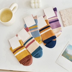 襪子諸暨女士中筒秋季新款防臭吸汗拼色ins春秋百搭條紋長筒襪子