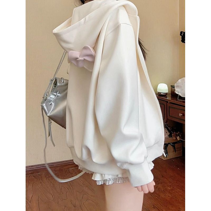 Cat Ear Hooded Sweatshirt for Women, Spring and Autumn Thin Jacket, Korean Style Loose and Cute Cardigan Top