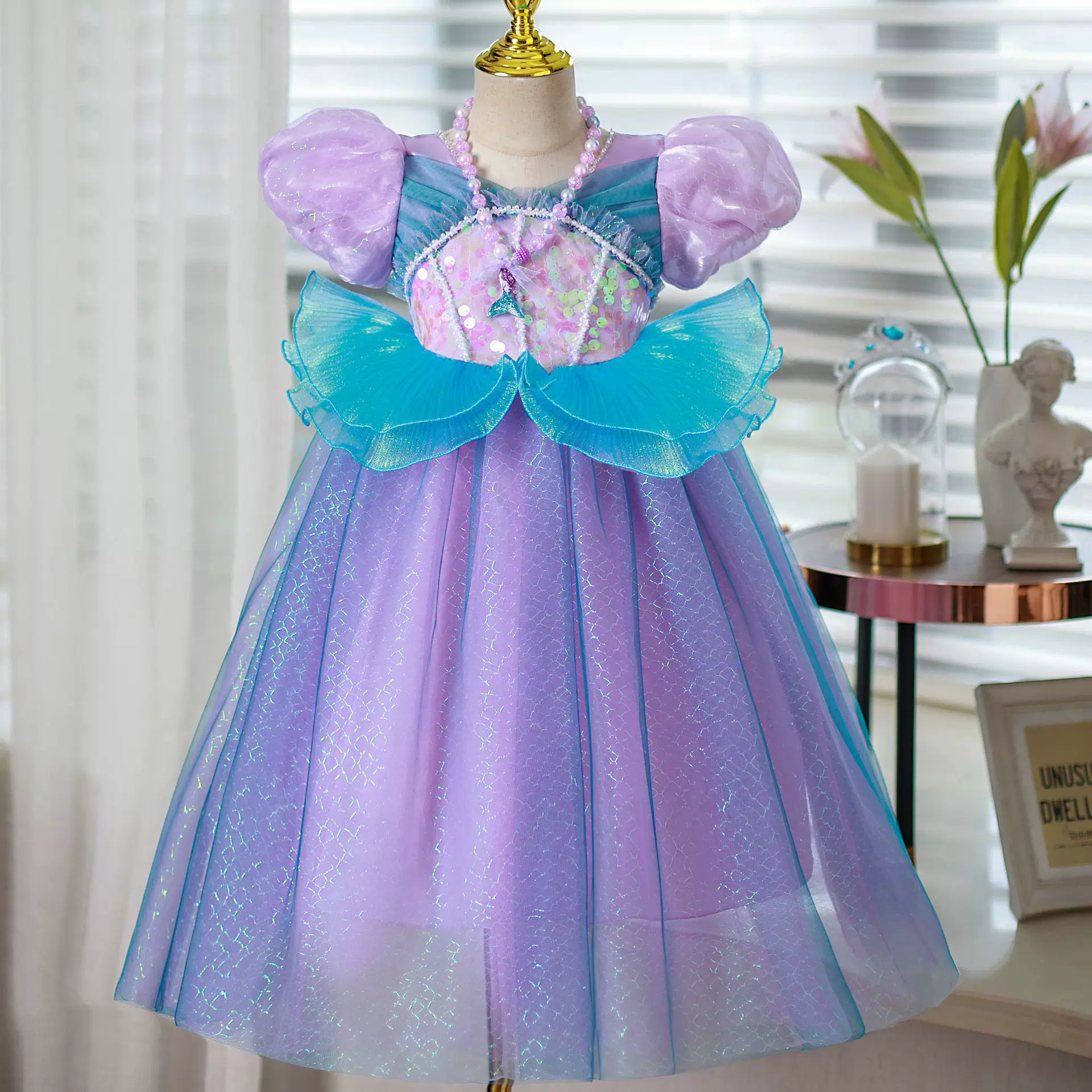 艾丽儿女童美人鱼发光公主裙女童夏季生日礼服网纱泡泡袖
