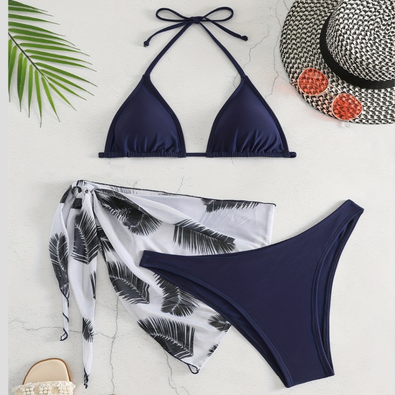 Nuevo traje de baño de tres piezas para mujer estilo bikini Halter color sólido bikini sexy gasa falda traje de baño