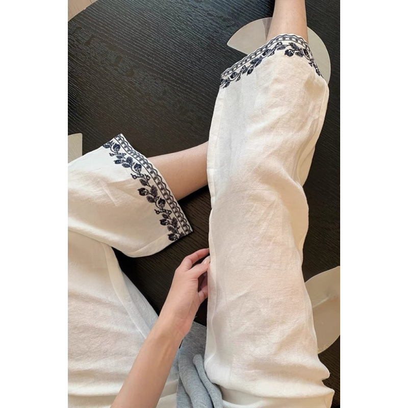 撞色刺绣直筒亚麻裤子女款夏季减龄气质老钱风显瘦休闲白色阔腿裤|undefined