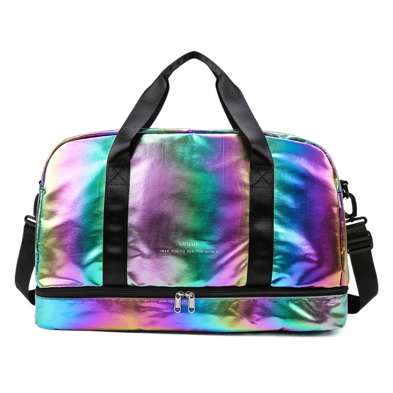 Cross-border New Sleeve Trolley Case Portable Travel Bag Fashion Colorful Laser Gym Bag Independent Shoe Storage Swimming Bag