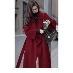 红色2025冬季新款100%羊毛大衣女冬双面呢中长款羊绒毛呢外套女装