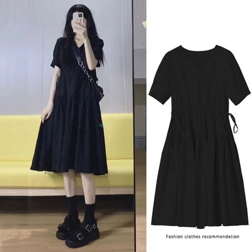 Pregnant women's summer dress, knee-length, trendy mom fashion, temperament loose black dress, stylish and slimming