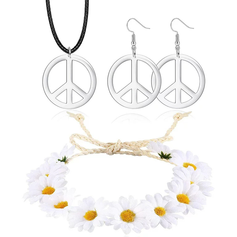 Accesorios de vestir hippies de la década de 1960, diadema de girasol, gafas redondas, conjunto de aretes de collar de talismán de paz