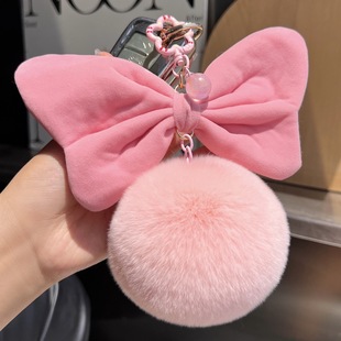 Cute Real Rex Rabbit Hair Bow Fur Ball Car Keychain Pendant Girl Heart Fur Ball Bag Pendant Gift