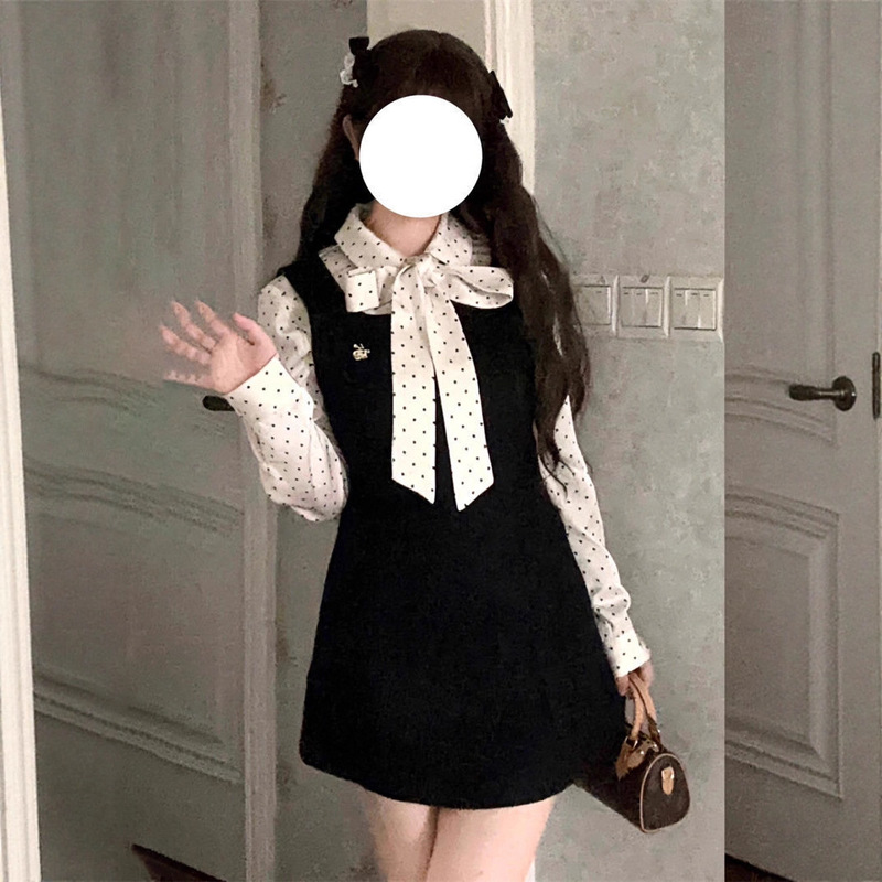 甜美软妹初恋感收腰秋季新款假两件裙子搭配波点连衣裙|undefined