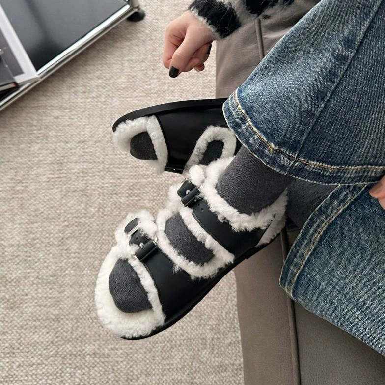 Версия из воловьей кожи ~ Теплые меховые сандалии Birkenstock из натуральной кожи на толстой подошве для женской зимней верхней одежды, меховые тапочки на шерстяной флисовой подкладке и хлопчатобумажная обувь