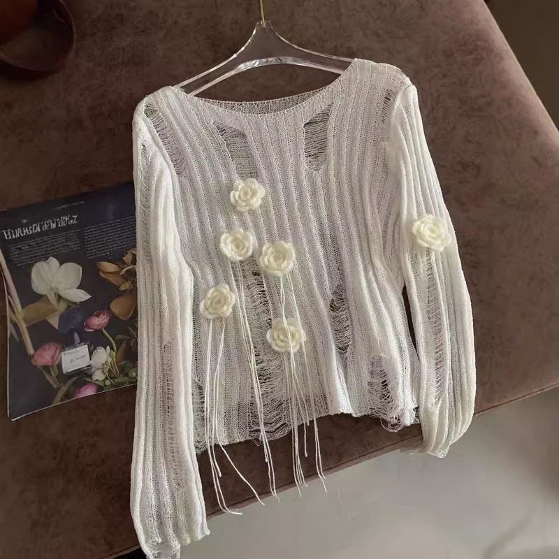 Whisper Bird Original Design Hook Crocheted Camellia Knitted Vest Hole-Hole Thin Hollow Sling Blouse