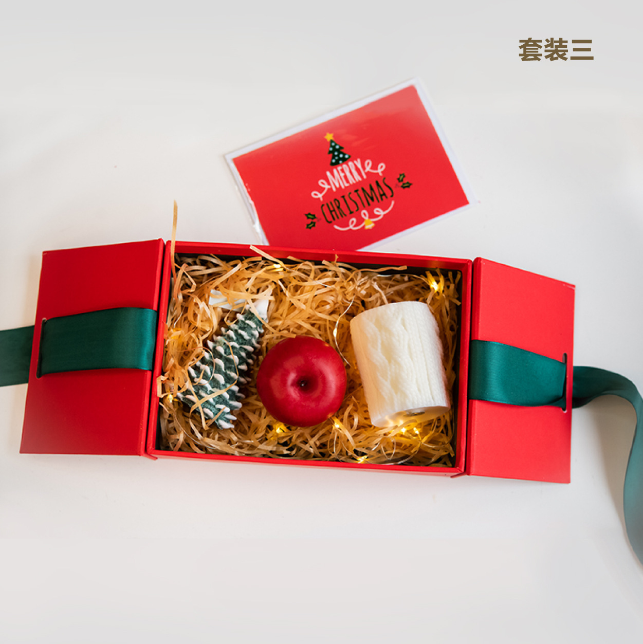 Vela de Navidad vela de aromaterapia hecha a mano rojo verde blanco manzana árbol de Navidad columna de lana de tres piezas caja de regalo traje de cera mixta