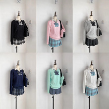 原创JK制服假两件纯色套头毛衣日系百搭学院风针织衫校供感秋冬春