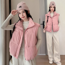 跨境灯芯绒短款马甲女25秋冬新款纯色宽松坎肩面包服立领无袖外套