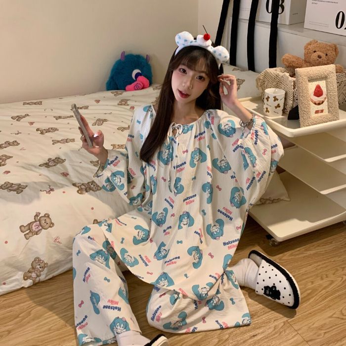 Pijamas de algodón nubes al por mayor transfronterizos de primavera y otoño de cuello redondo hoodie de mangas largas pantalones dulces y sueltos ropa para el hogar cómoda