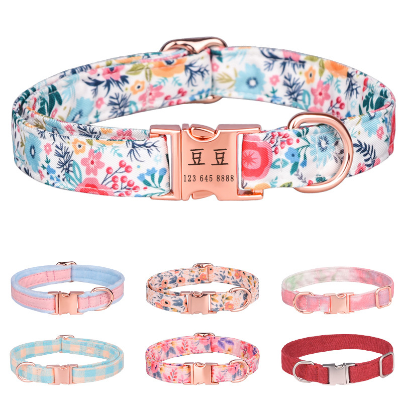 亚马逊新品刻字防走失玫瑰金插扣宠物项圈印花狗狗脖圈宠物牵引绳