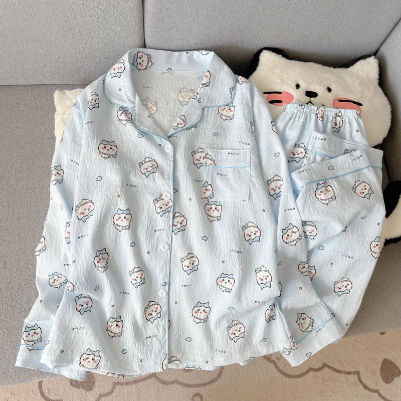 工厂直销云朵棉新款睡衣女长袖长裤开衫翻领卡通大码家居服套装|undefined
