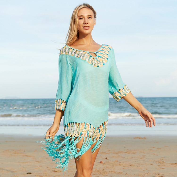 Knit mid-Sleeve Fringe Loose beach outdoor Cover Up NSFH123957