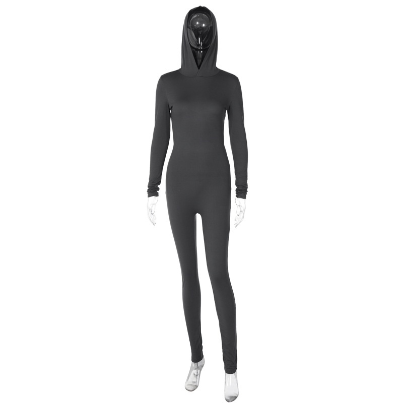 Women Clothing Winter Solid Color Long Sleeve Hooded Backless Slim Fit Sports Jumpsuit Women
