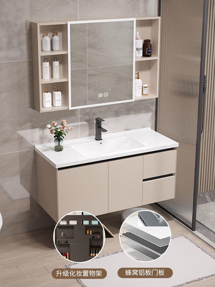 Combinación de gabinete de baño de estilo crema montado en la pared lavabo mesa de lavado gabinete de espejo de cerámica traje integrado