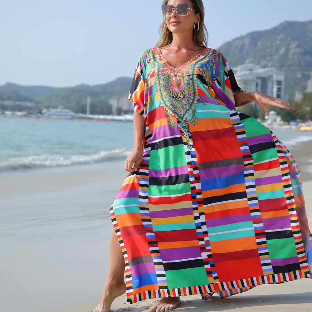 Blusa de playa europea y americana de cuatro lados stretch poliéster rayado impreso robe estilo sexy más tamaño bikini protección solar camisa 5D31