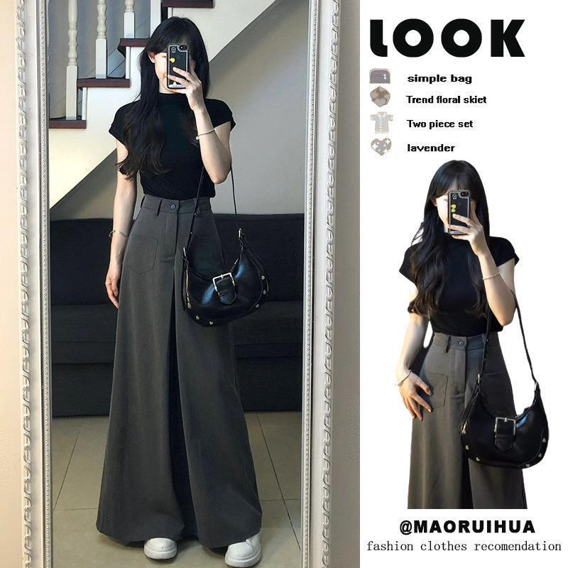 High-Waisted Suit Wide-Leg Pants Women's Summer New Korean Style Shirt Top Casual Pants Two-Piece Loose Style