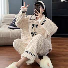 2025新款珊瑚绒蝴蝶结开衫睡衣女秋冬季加厚加绒保暖高级感家居服