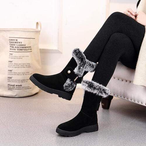Autumn and winter new warm cotton shoes, flat non-slip women's boots, suede thick snow boots, medium tube fluffy shoes, cotton boots