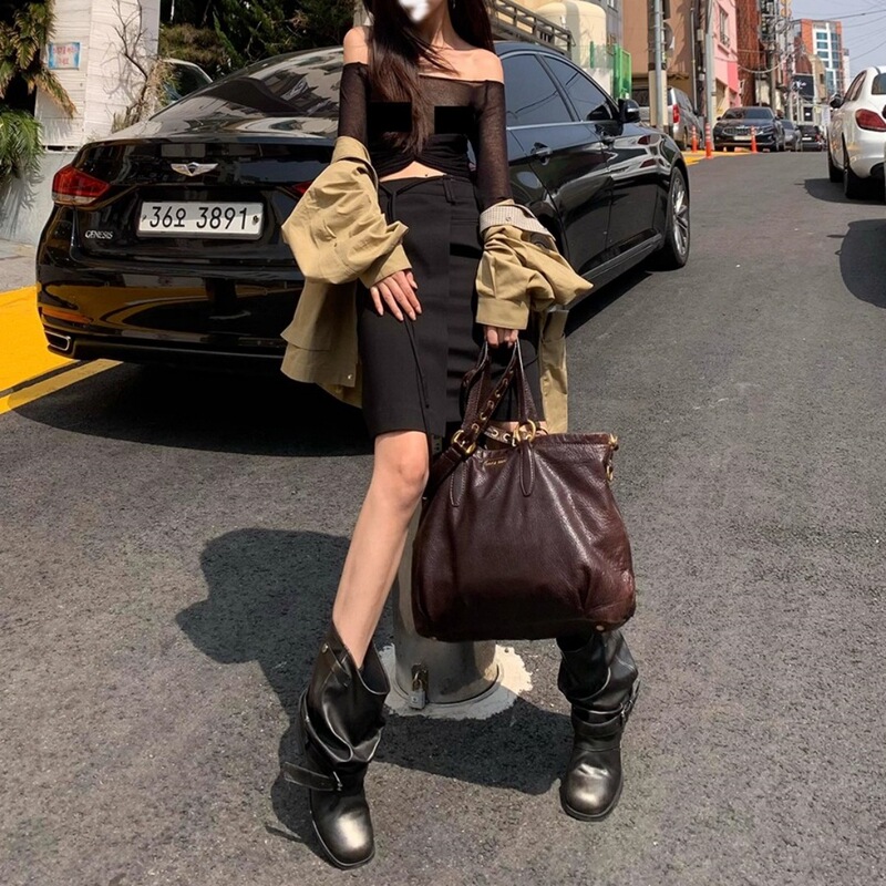现货秒发~西部牛仔堆堆靴女2025新款褶皱裤管短靴擦色复古骑士靴|undefined