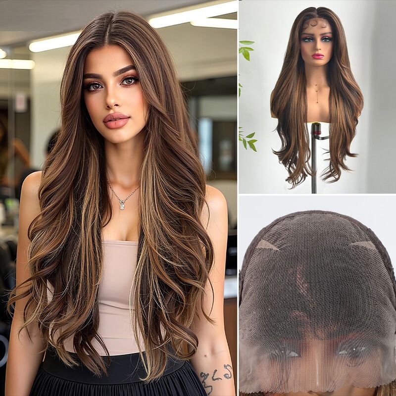 Wig Female Cross-Border 13*6 Lace Golden Brown Big Wave Black Long Curly Hair Futura Chemical Fiber Baby Hair