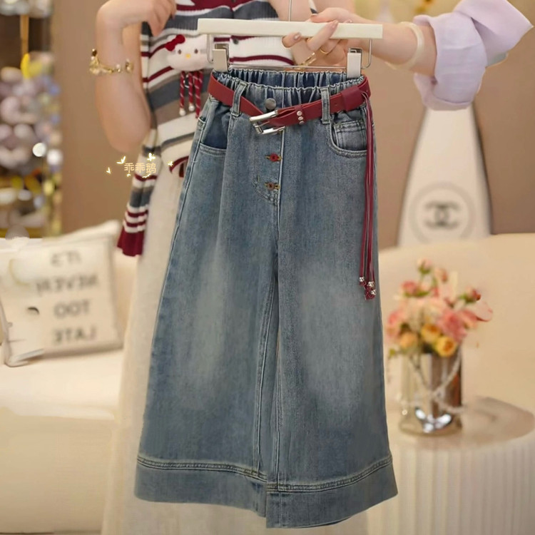 女童秋季2025新款女大童休闲百搭直筒阔腿裤显瘦复古三色扣牛仔裤|undefined