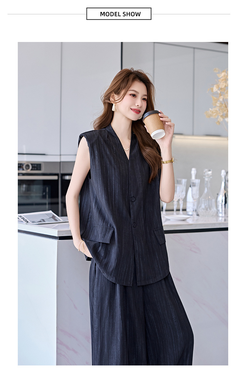 Bộ vest nữ không tay quần ống rộng cao cấp mùa hè 2025 – Áo khoác vest không tay kết hợp quần ống rộng hai mảnh HR1170 — Màu đen, Màu trắng be chi tiết 22