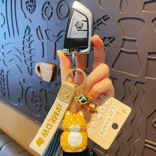 Cartoon Original Wood Carving Style Meow Meow Series Orange Cat Model Trendy Fashion Car Key Holder Cute Bag Charm