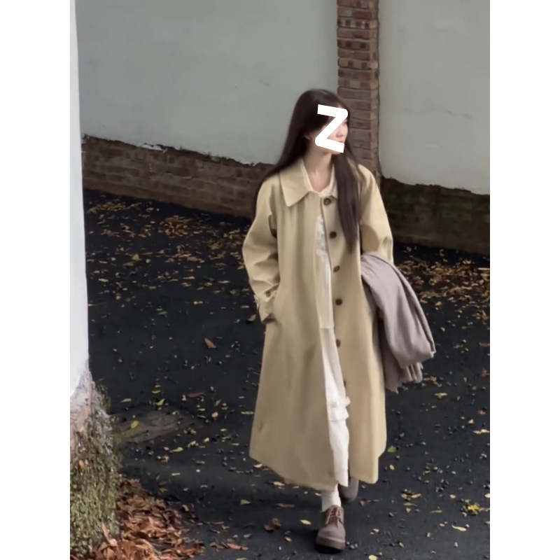 Minimalist Girl Korean Style Lapel Trench Women Autumn Winter New Khaki High-End Oversized Mid-Length Elegant Coat_voghion.com