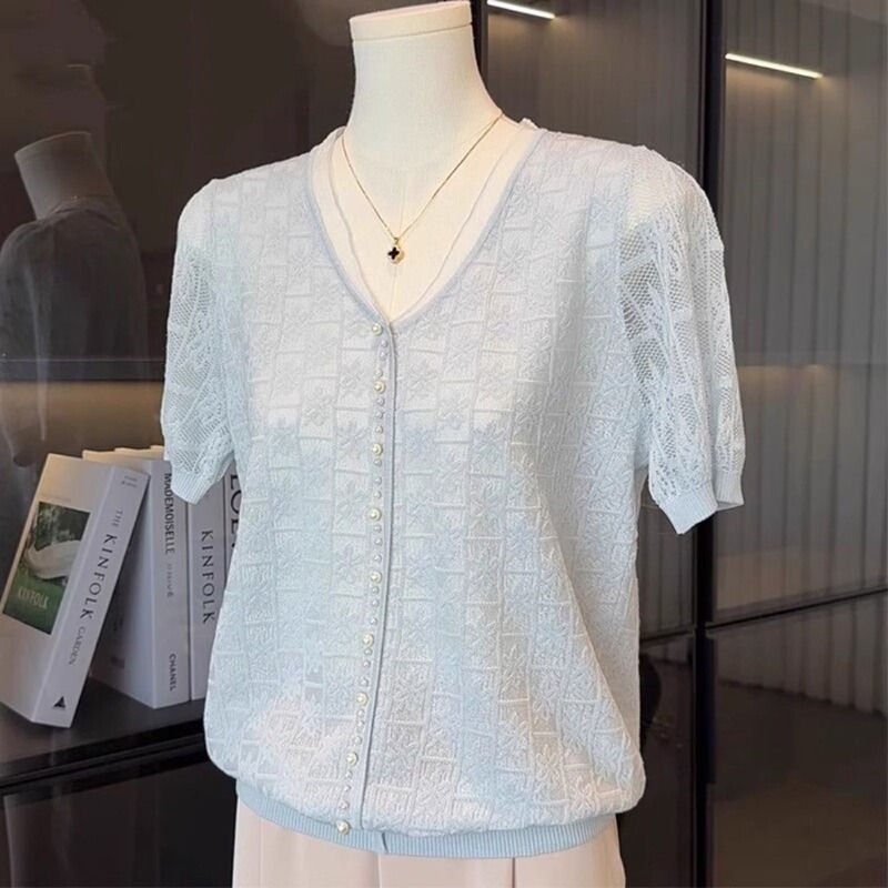 Summer New Style Mom's T-Shirt, Short-Sleeve Knit Top for Middle-Aged and Elderly Women, Loose and Stylish Thin T-Shirt for Mother-In-Law