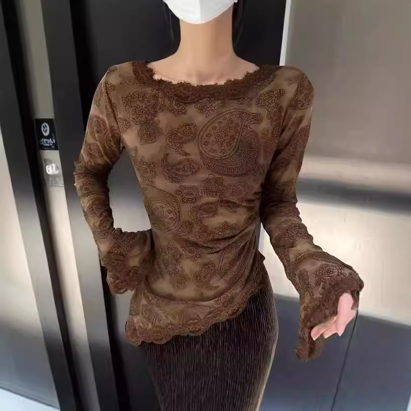 French Fashion Lace Trumpet Long Sleeve Top Women's Spring and Autumn Irregular Retro Cashew Flower Thin Shirt