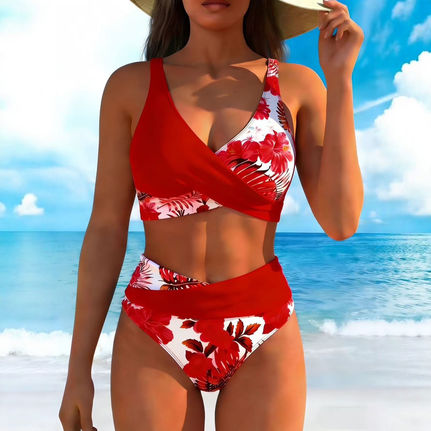 Damen-Bikini-Set mit tropischem Blumenmuster, sexy Wickeldesign, Badebekleidung im Urlaubs- und Freizeitstil_voghion.com