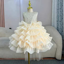 儿童礼服高级香槟金短款亮片大蝴蝶结公主裙花童主持人钢琴礼服裙