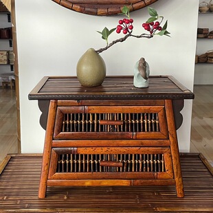 Vintage bamboo tea cabinet old coal bamboo small tea table Chinese household tea set storage rack table double drawer tea table
