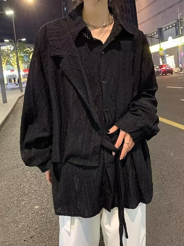 Retro Pleated Hollow-Out Jacquard Long-Sleeved Shirt for Women—Spring New Design, Textured, Niche Style, Loose-Fit Shirt with Ties