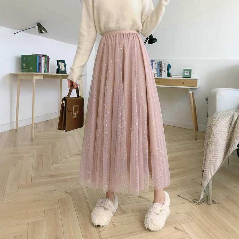 Carefully Selected Starry Sky Skirt for Women, Autumn and Winter Tulle Skirt, Fairy A-Line Puffy Mid-Length Skirt, Sequined Star Mesh Skirt
