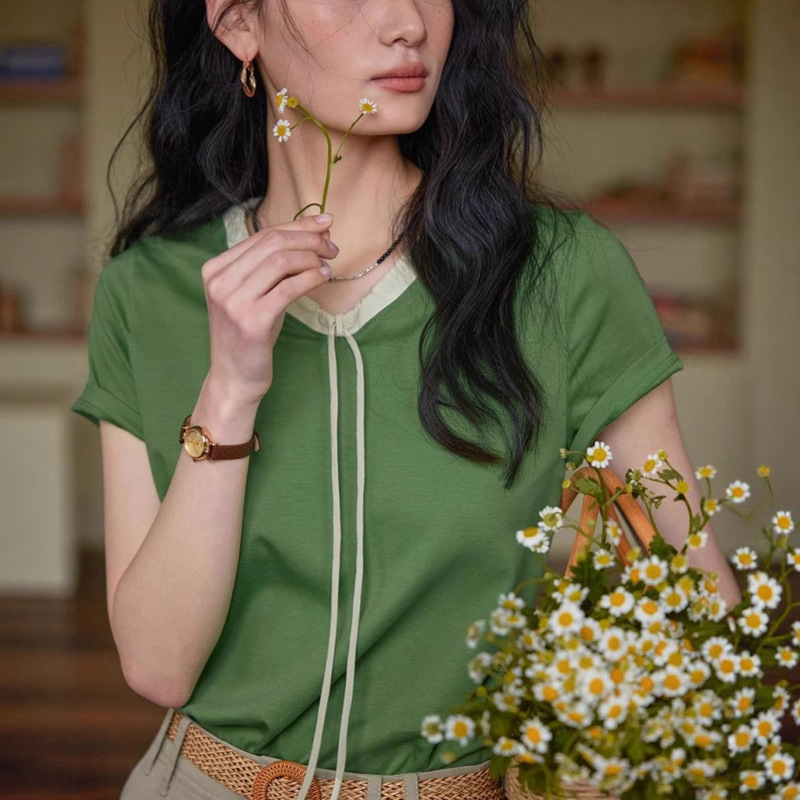 French Lyocell Green V-Neck Lace-Up T-Shirt Women's Right Shoulder Short Sleeve Summer Women