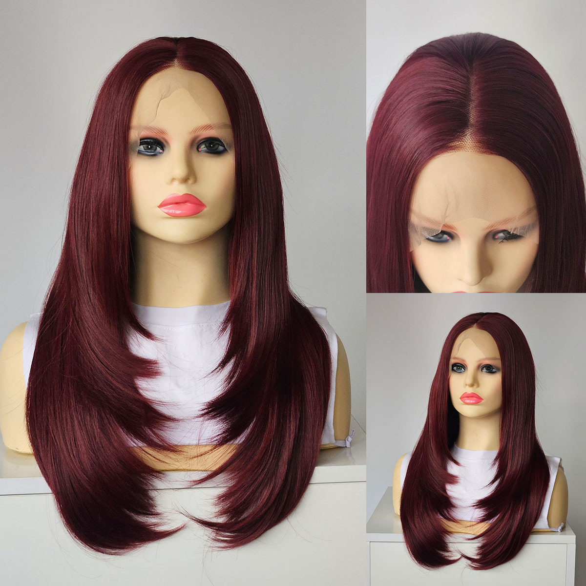 Amazon 13*4 Chemical Fiber Front Lace Wig Headgear Hand Hooked Burgundy Eight-Shaped Bangs Wig Set
