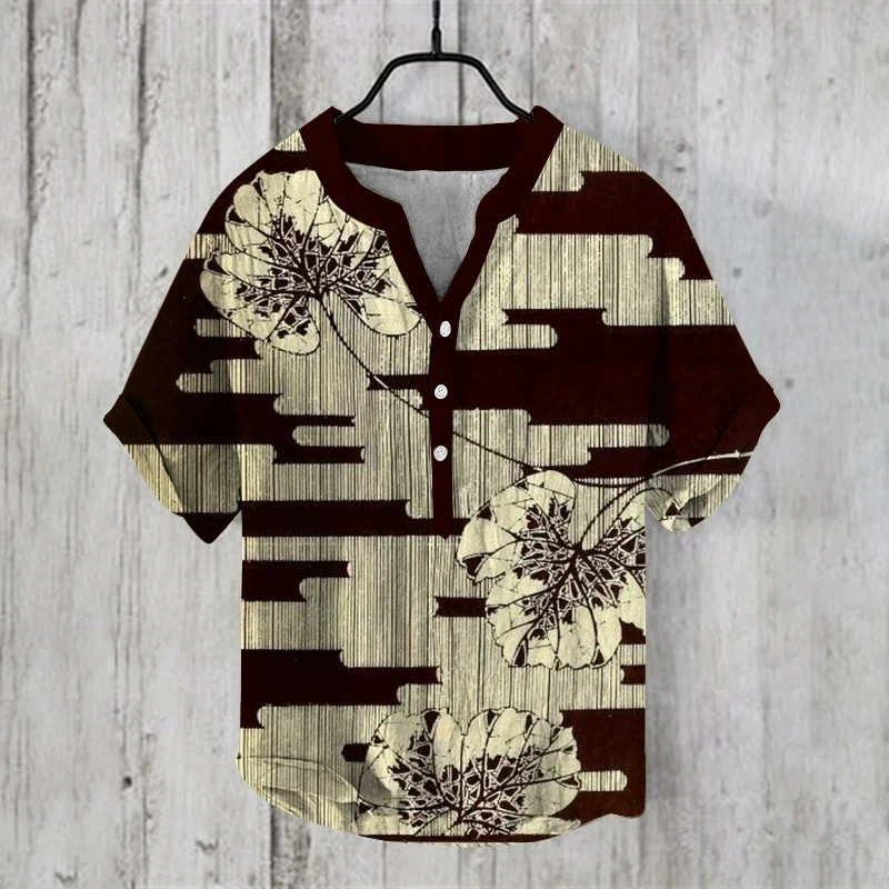 Мужской пуловер с 3 пуговицами и v-образным вырезом с цифровым принтом в стиле аниме Surf, повседневная рубашка из бамбукового льна с короткими рукавами.