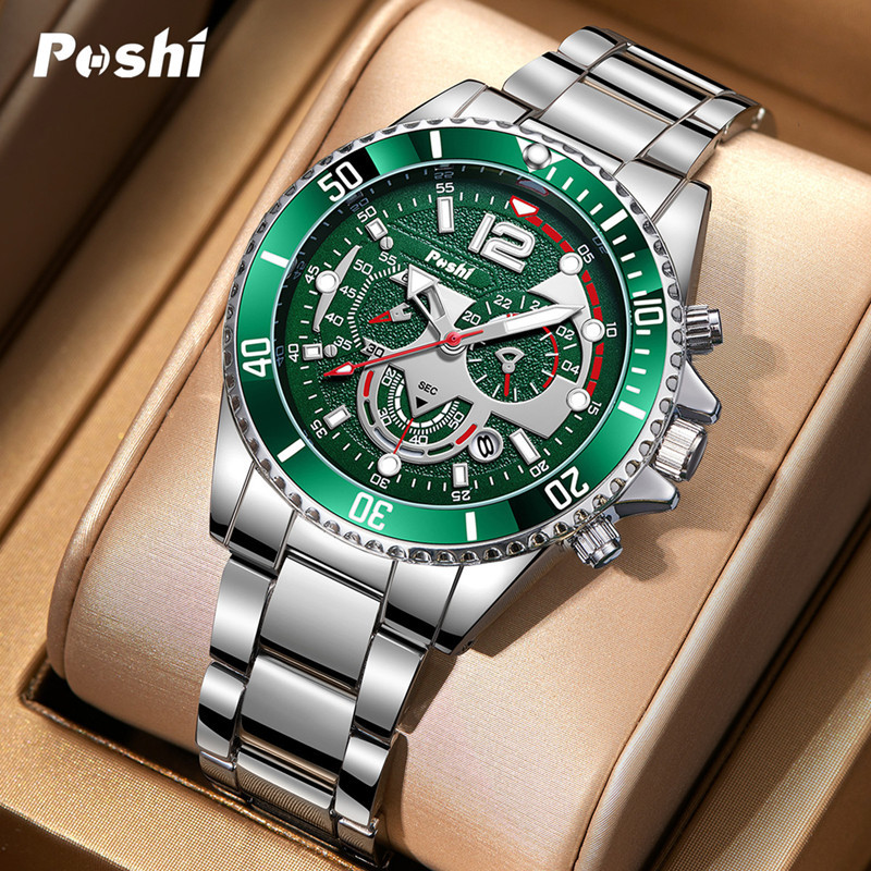 POSHI transfronteriza caliente de los hombres de moda de acero inoxidable de negocios reloj luminoso puntero con calendario de cuarzo reloj de los hombres